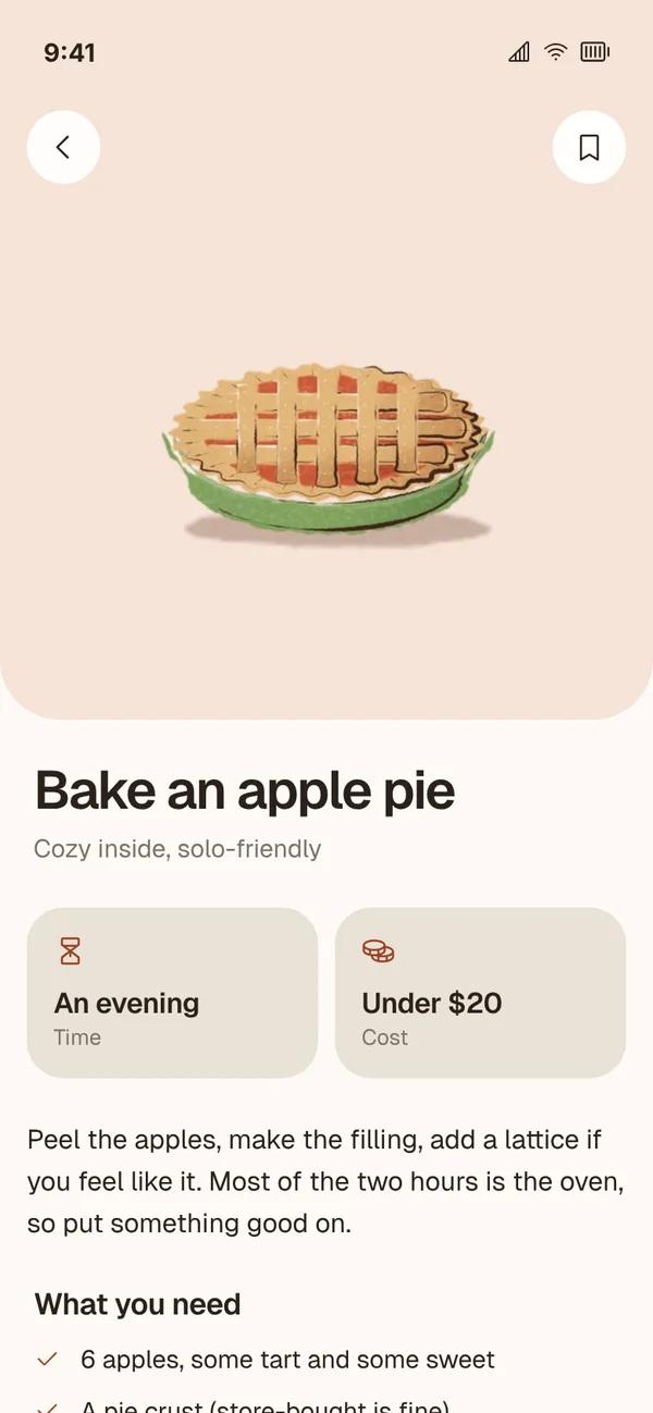 An idea in the app: bake an apple pie, an evening, under $20