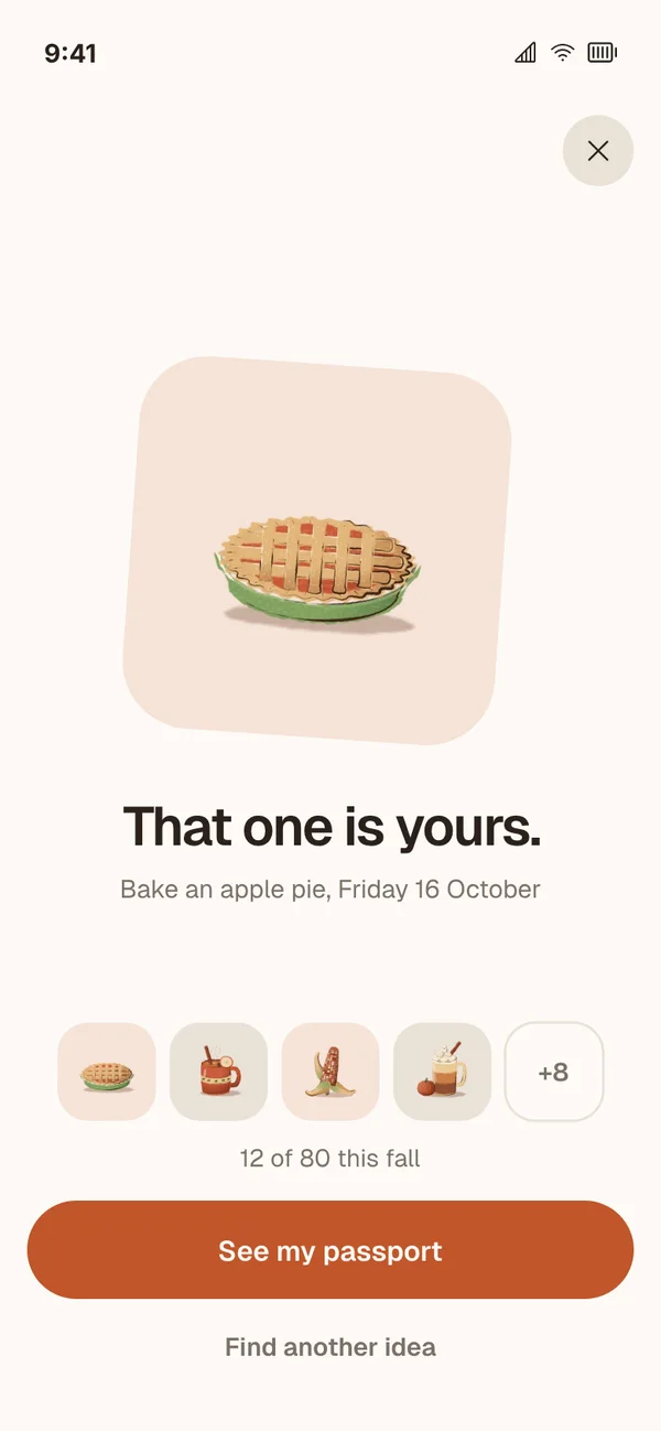The apple pie stamp landing in the passport, with the words That one is yours