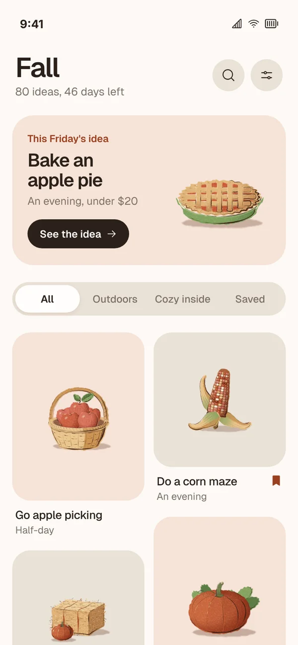 The Season screen: this Friday's idea, bake an apple pie, above a board of fall ideas